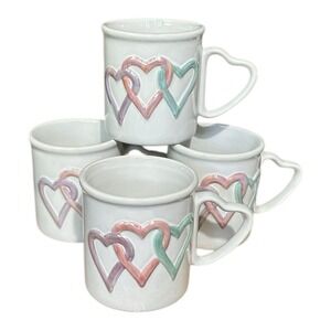 MARY KAY Vintage Set 4 Heart Handle Coffee Mugs Iridescent Trio Hearts Ceramic